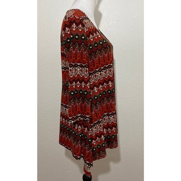 Wilde Size Large Women Red Black Aztec Print Tunic Asymmetric Hem Made in USA - Picture 4 of 7